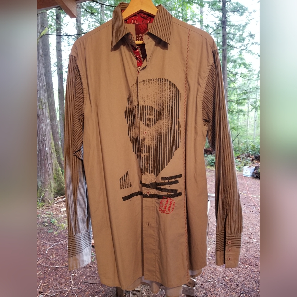 Makaveli Branded Tupac Large Button Up Dress Shirt Club Grey Red Pinstripe